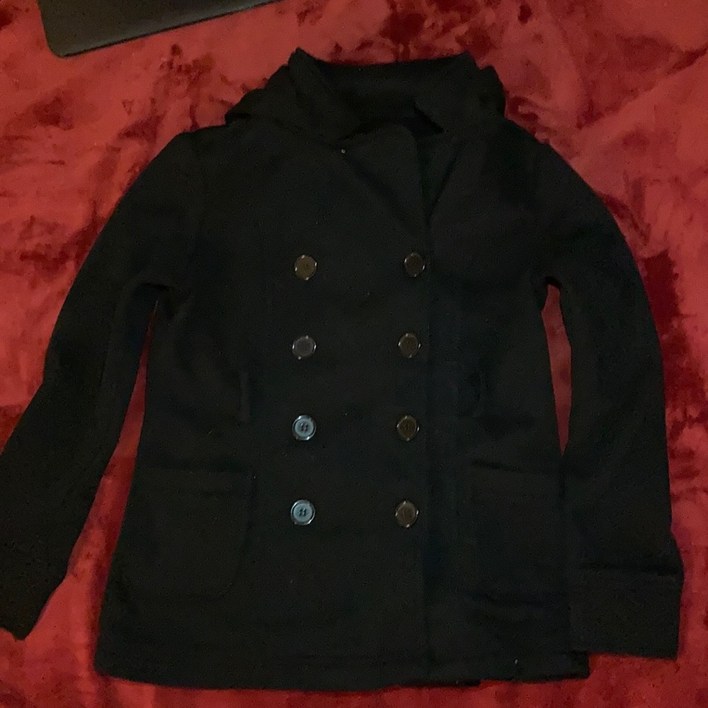 black button down coat w/ hood